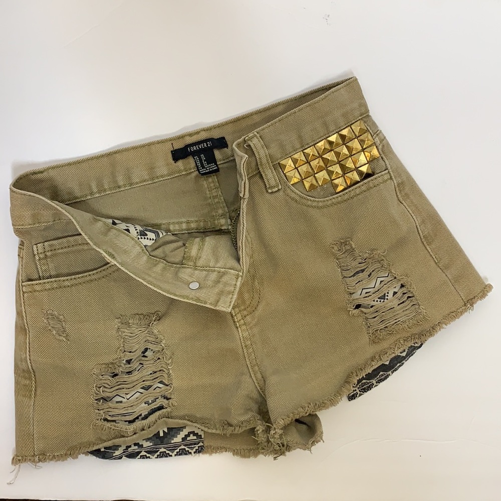 Forever 21 | Green Gold Studded Distressed Shorts Short Alternative Jean Bottoms